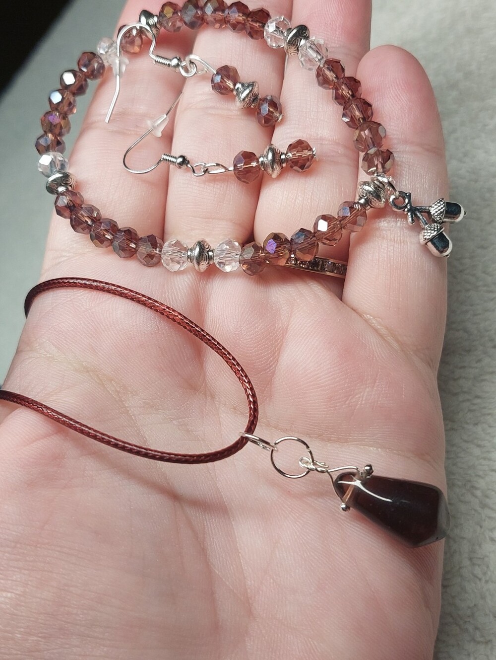 Red Brown Crystal Glass Bead Bracelet and Pendant Earring Set
